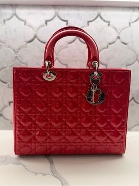 Dior Lady Dior Red Patent Leather Cannage Satchel Bag